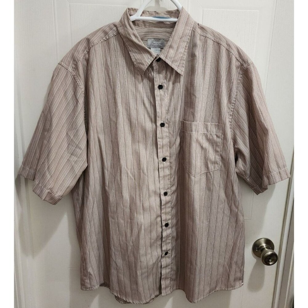 No Fear 90s Y2K Beige Striped Pocket Short Sleeve Button Up Shirt Size‎ Large